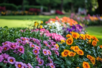 Colorful garden flowers in bloom with lush greenery