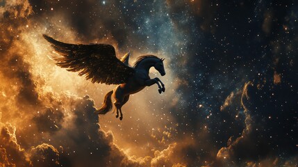 Majestic winged horse soaring through a vibrant nebula, cosmic clouds and stars.
