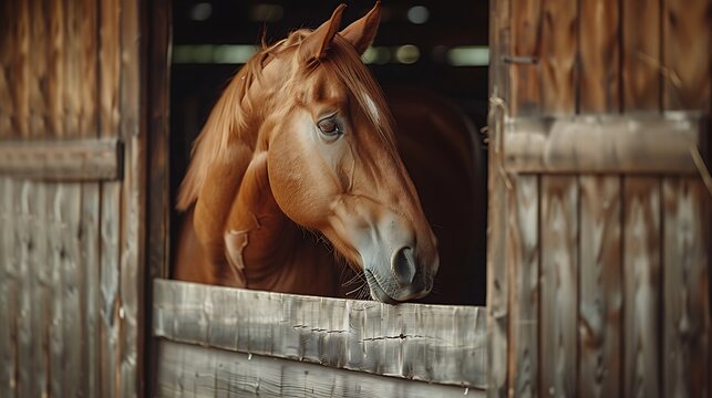 Portrait of a beautiful sorrel horse standing in a wooden stall in the stable. Agriculture and livestock. Photo of a horse.
