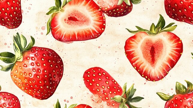 Seamless watercolor pattern featuring vibrant strawberries and cut strawberry frames ideal for custom invitations and stationery