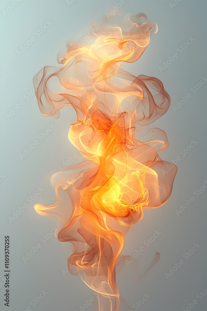 Poster an ethereal depiction of orange and gold smoke swirling gracefully against a soft gray background, c