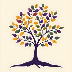 Obraz premium A vibrant, stylized tree with multicolored leaves in shades of green, yellow, orange, and purple. The tree has a strong, dark trunk with intricate roots showcased.
