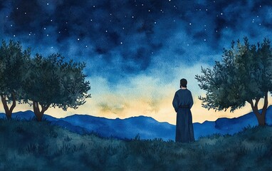 Fototapeta premium A serene figure gazes at a starry sky, evoking contemplation and tranquility.