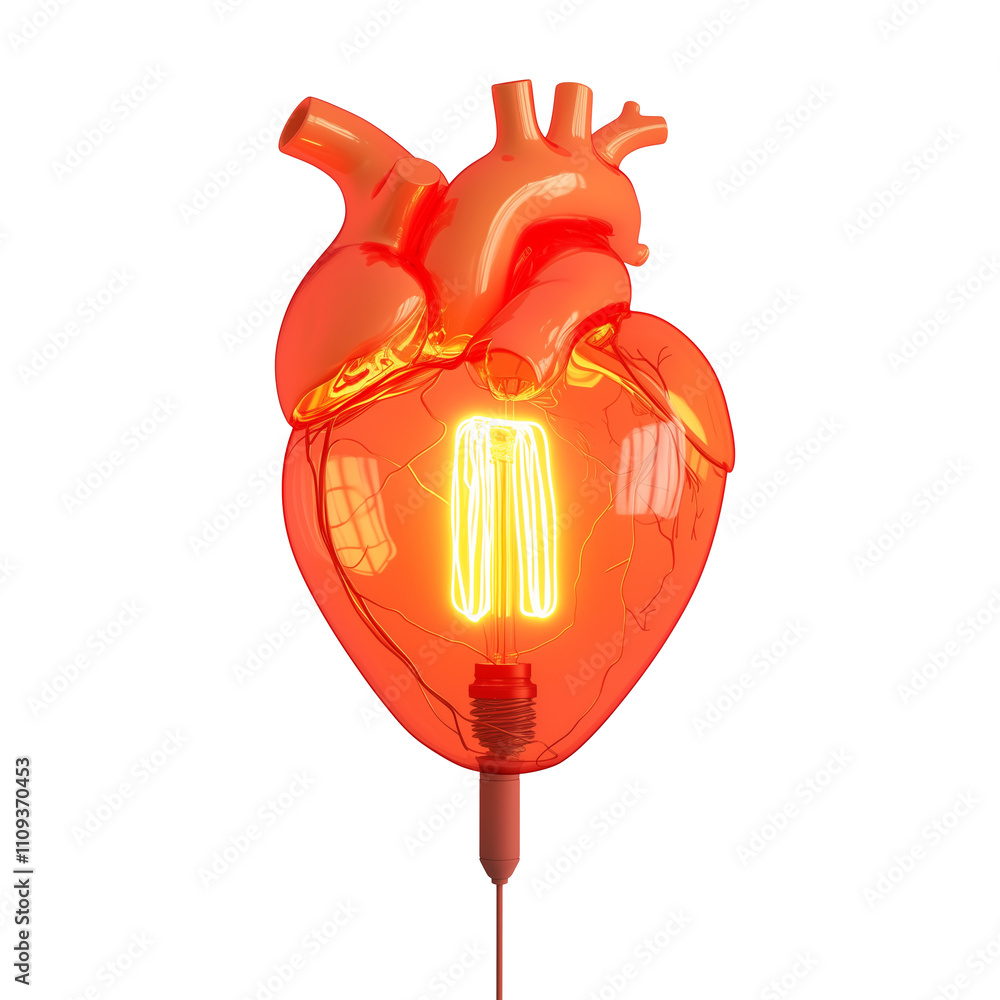 Poster heart shaped lamp with glowing filament, isolated on white background, creates warm and artistic amb
