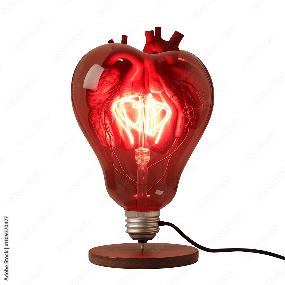 Aufkleber Heart shaped lamp with intricate design and glowing filament, isolated on white background. lamp unique shape and warm light create cozy and artistic atmosphere