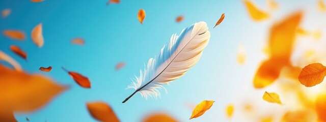 Graceful White Feather Floating Amidst Vibrant Autumn Leaves Against a Clear Blue Sky, Capturing the Essence of Nature's Tranquility and Change