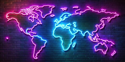 Naklejka premium Vibrant world map design illuminated in neon lights , global, technology, futuristic, glowing, bright, graphic