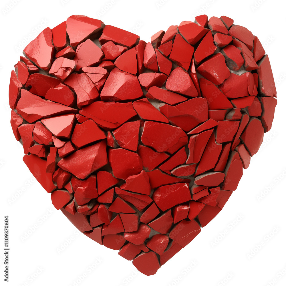 Aufkleber heart shaped mosaic made of red, broken pieces isolated on white background, symbolizing love and fr