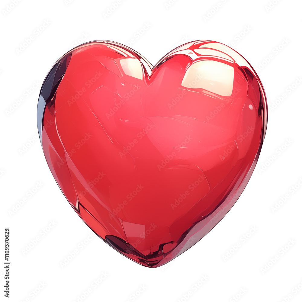 Poster shiny, red heart shaped object with glossy surface isolated on white background, reflecting light an