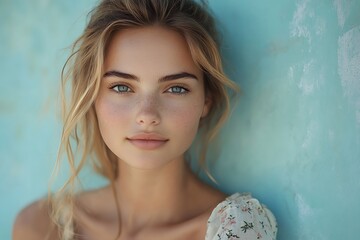 Naklejka premium Freckled Young Model Beautiful Face, Smooth Complexion, Bokeh