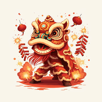 recommend clip art: Chinese new year theme illustration traditional lion dance celebration firecrackers exploding