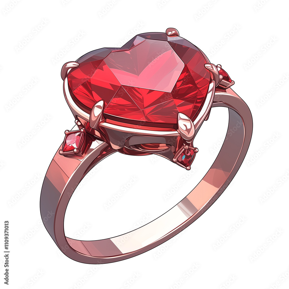 Poster heart shaped red gemstone ring with intricate design on white background