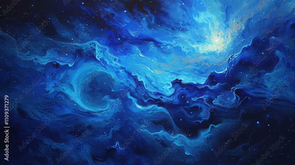 Poster swirling patterns of vivid blues and blacks create a stunning abstract cosmic scene resembling a gal