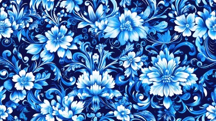 Seamless pattern featuring intricate Portuguese blue azulejos and vintage floral motifs ideal for textiles and home decor