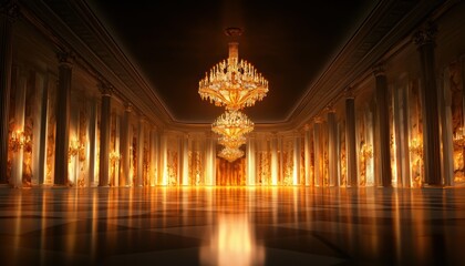 A glamorous vintage ballroom with a grand chandelier, elegantly dressed dancers swirling on the polished floor