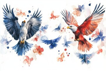Obraz premium A vibrant watercolor illustration of birds in flight, surrounded by butterflies and floral accents.