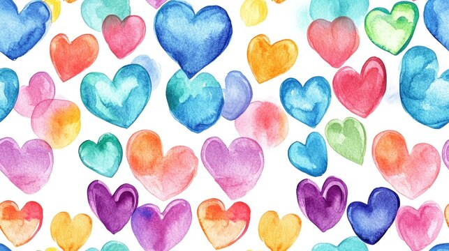 Seamless pattern of vibrant rainbow watercolor hearts on a crisp white background ideal for fabric design and stationery items
