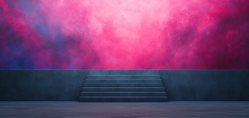 A vibrant abstract background with stairs, featuring pink and purple hues and textures.
