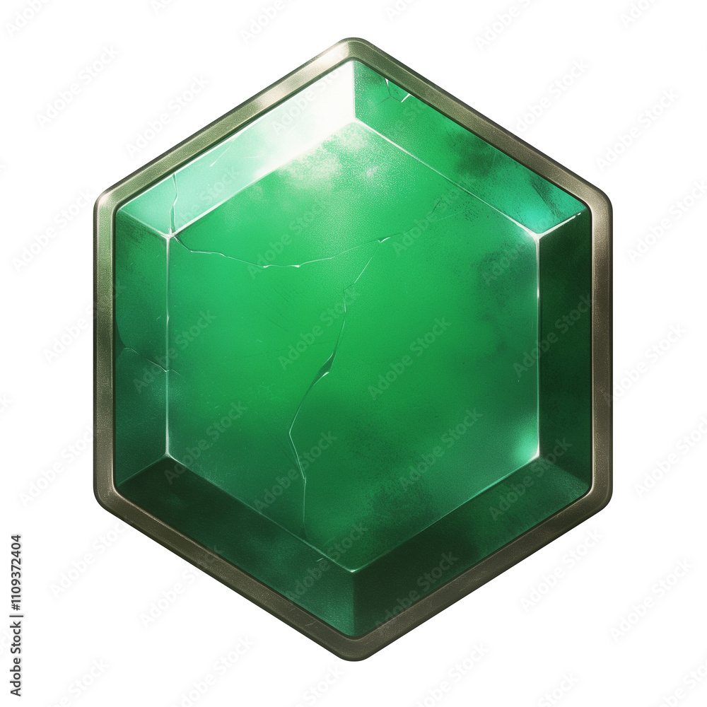 Poster shiny green hexagon badge with cracked surface, isolated on white background, exudes mystical aura. 