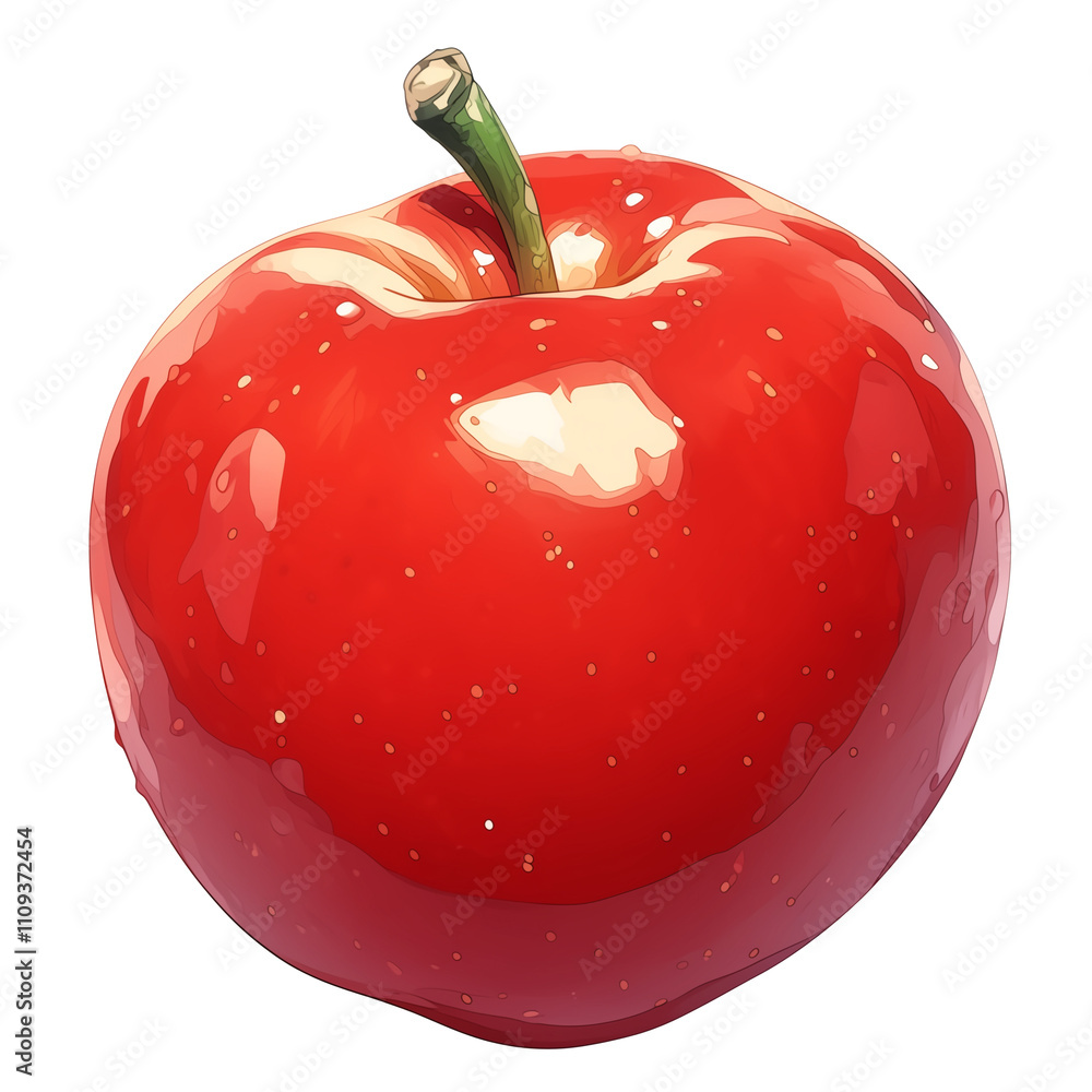 Poster shiny red apple with green stem isolated on white background, showcasing its vibrant color and smoot