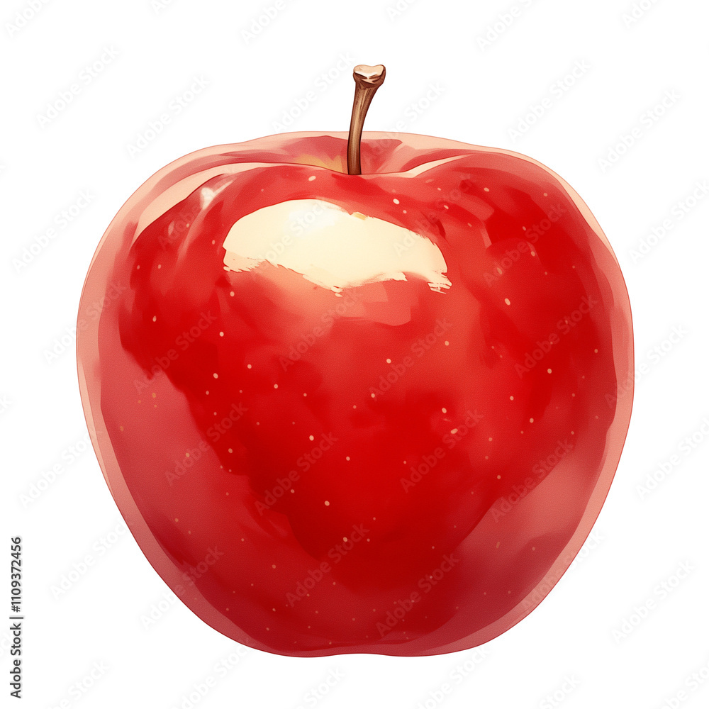 Poster shiny red apple with smooth surface and small stem, isolated on white background, showcasing its vib
