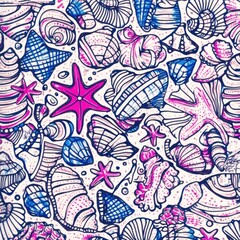 Seamless pattern of pink and blue seashells and starfish on beige background.