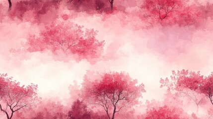 Serene seamless pattern of abstract flowering trees in delicate pink watercolor perfect for textile and wallpaper design