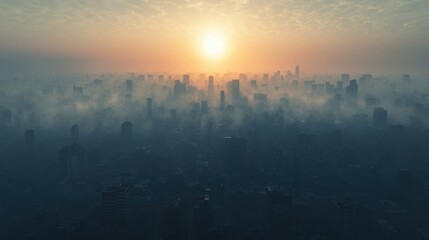 Fototapeta premium A Muted Metropolis: Surreal Urban Landscape Veiled in Smog with Lingering Sunlight