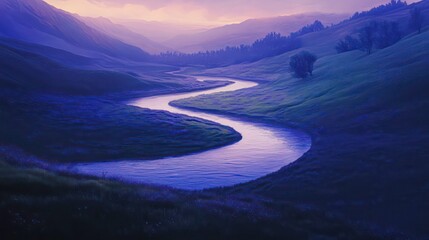 Serpentine river meanders through a picturesque valley at dawn, casting a purple hue on the landscape.