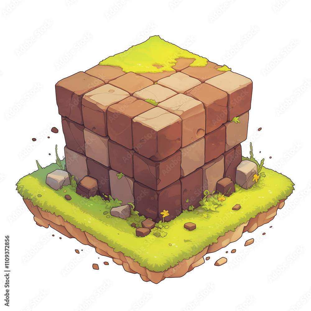 Aufkleber cube of stacked stone blocks with grass and flowers on top, isolated on white background, evokes sen