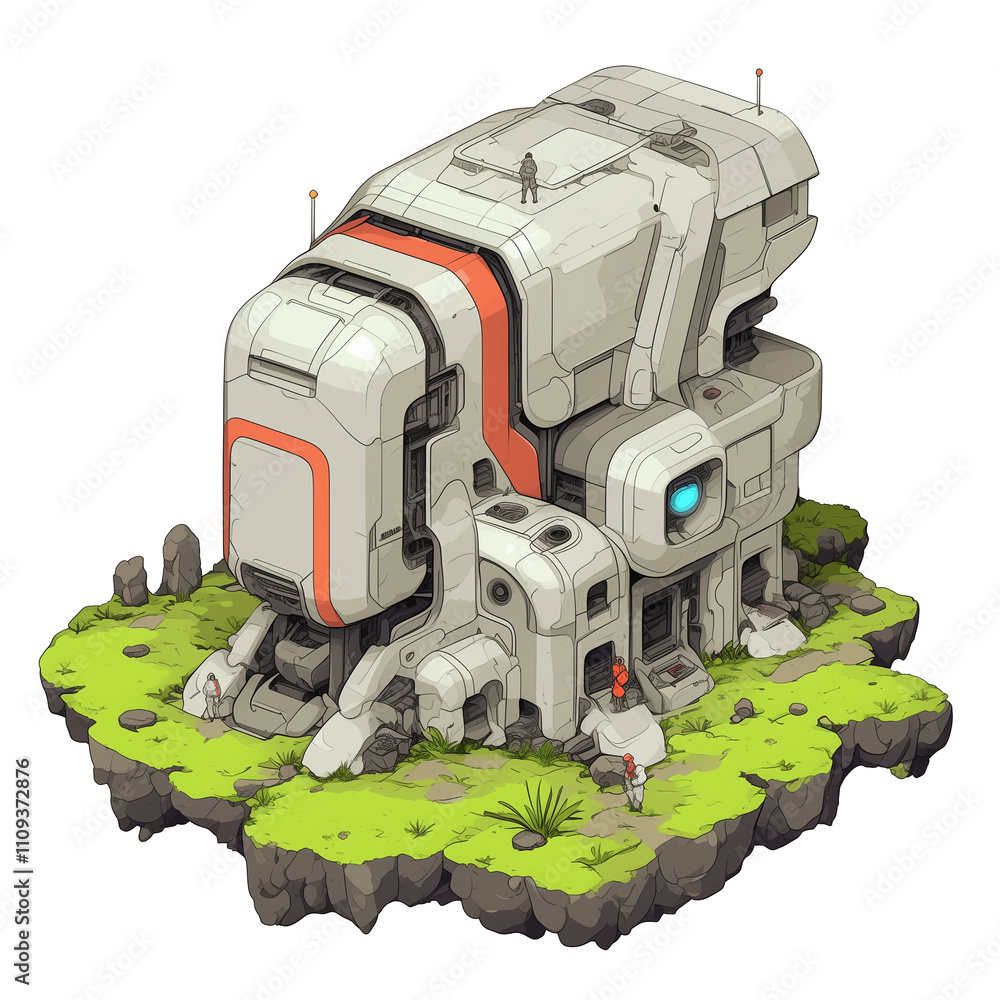 Aufkleber futuristic, modular building with sleek design sits on grassy, rocky platform, showcasing advanced architecture and technology. structure features clean lines and modern aesthetic