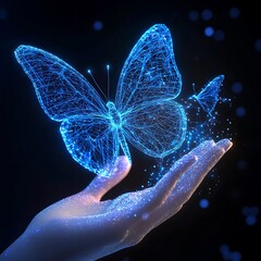 Obraz premium Hands releasing vibrant glowing digital butterflies into future picture