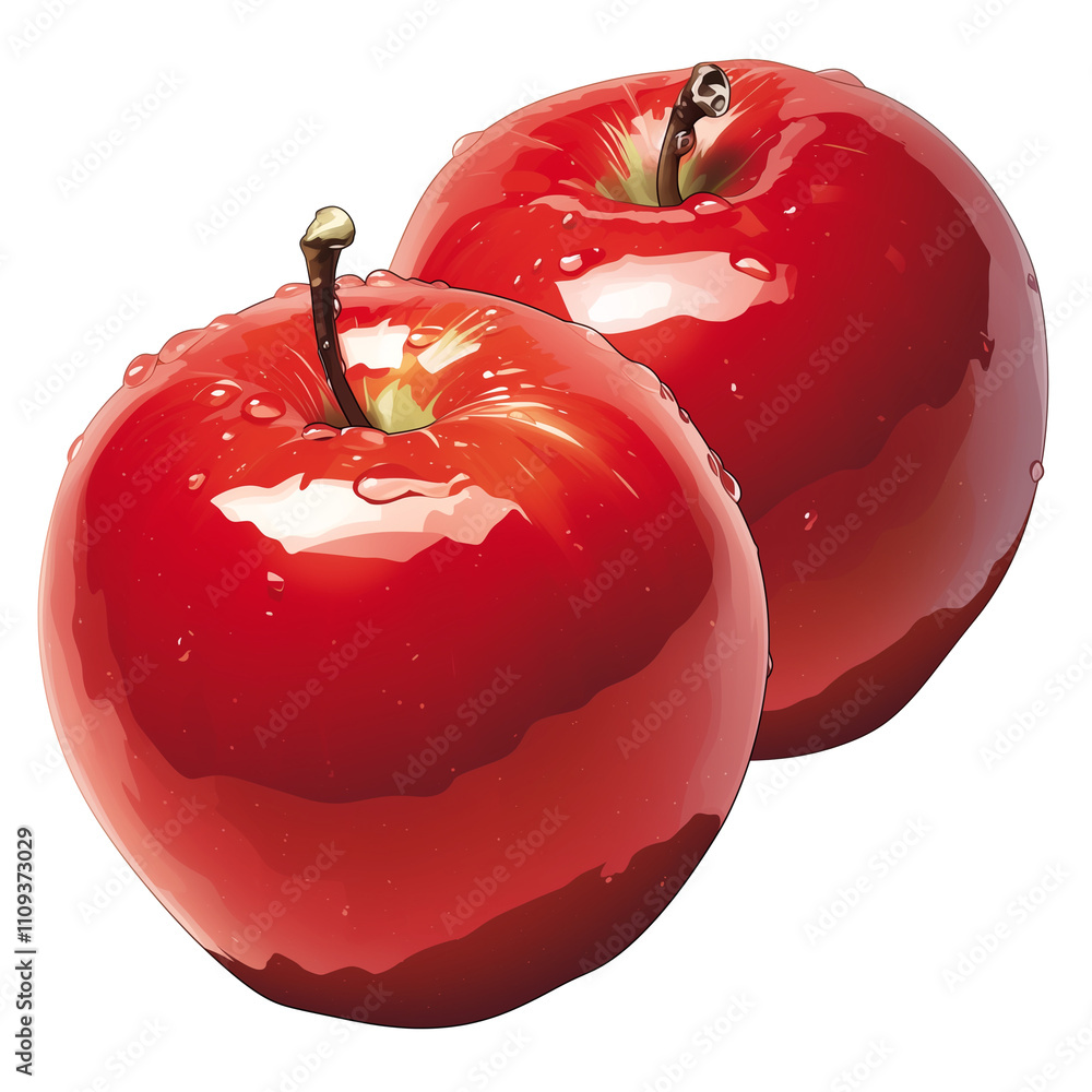 Poster two shiny red apples with stems and water droplets on white background. apples appear fresh and vibr