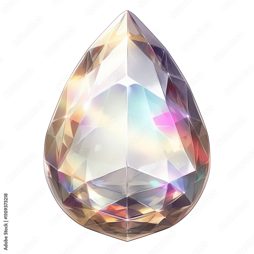 Poster pear shaped moonstone with radiant, multicolored sheen is isolated on white background, showcasing its translucent and reflective qualities. gemstone surface displays spectrum of colors, creating