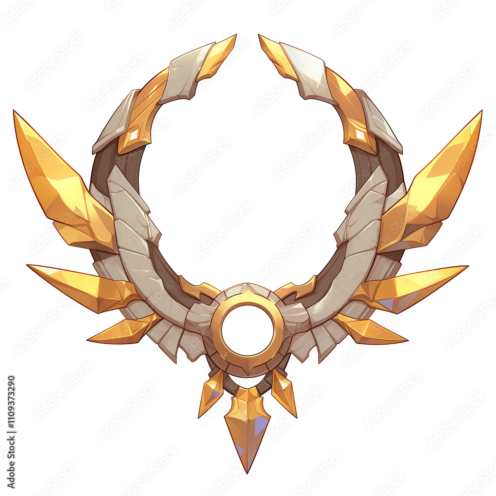 Poster golden, ornate crest with sharp, angular designs and circular center, isolated on white background, 