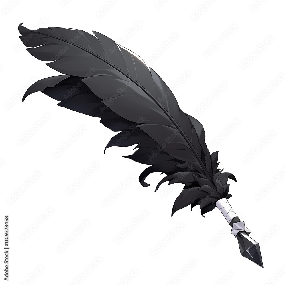 Poster black feather with obsidian tip is isolated on white background, showcasing its elegant and mysterio