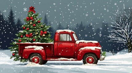 A red truck beside a decorated Christmas tree in a snowy landscape.