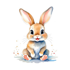 Cute baby rabbit happy and smile sitting on floor. watercolor bunny character.