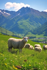 Fototapeta premium Sheep graze on a pasture against the backdrop of mountains Generative AI