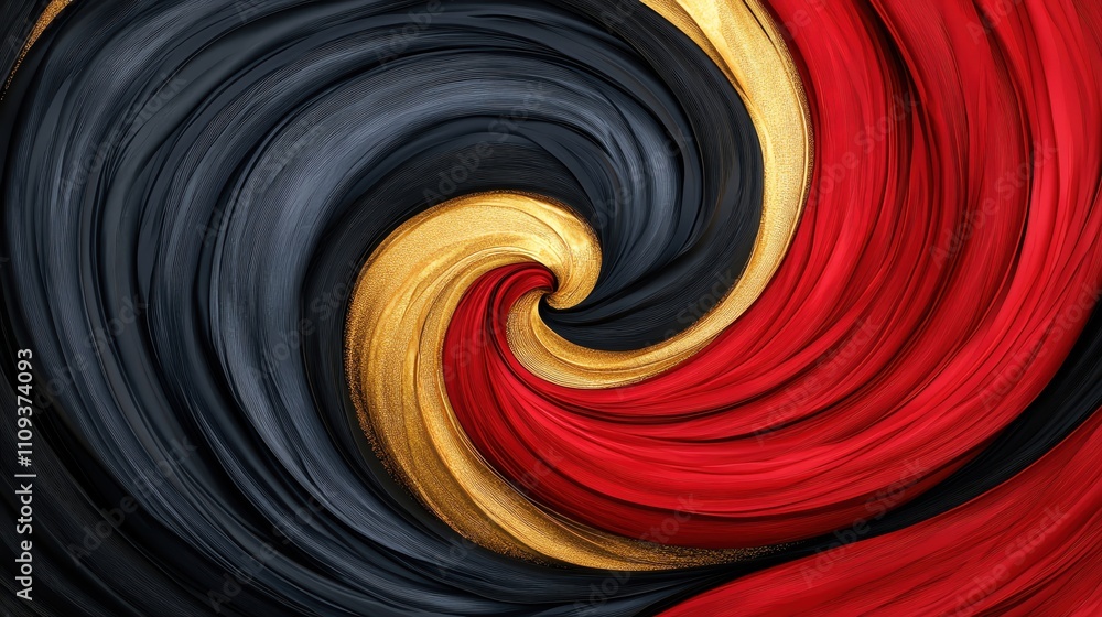 Poster a vibrant swirl of black, red, and gold creating a dynamic abstract pattern.