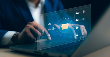 Digital data document management system (DMS), online documentation database and process automation to efficiently manage files, knowledge documentation in enterprise. Corporate business technology.