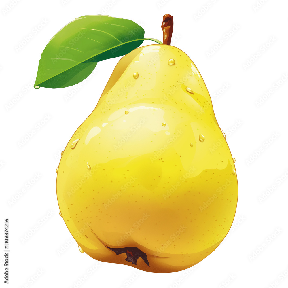 Poster fresh, juicy yellow pear with green leaf isolated on white background, showcasing its vibrant color 