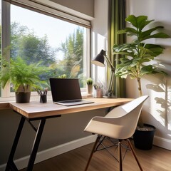 Fototapeta premium A stylish home office corner with a sleek desk, ergonomic chair, laptop, and stationery. Add greenery with a potted plant and a large window offering soft daylight