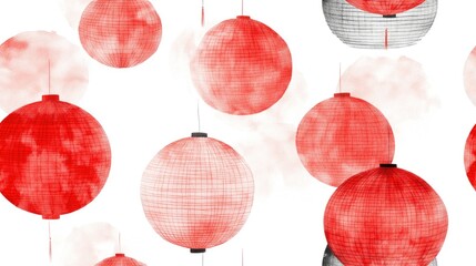 Hand drawn seamless pattern featuring red round and cylindrical Chinese paper lanterns decorative design for home textiles wallpapers