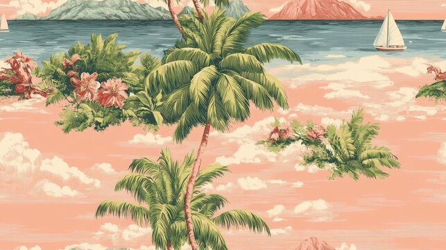 Seamless vintage Hawaiian barkcloth pattern featuring tropical island scenes on a soft pink background textile design