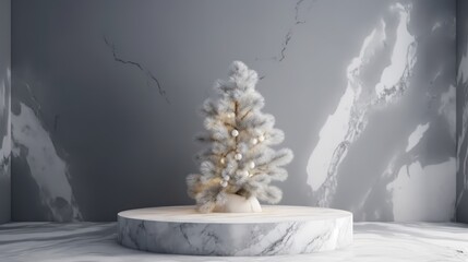 Fototapeta premium A decorative Christmas tree on a marble pedestal in a modern setting.