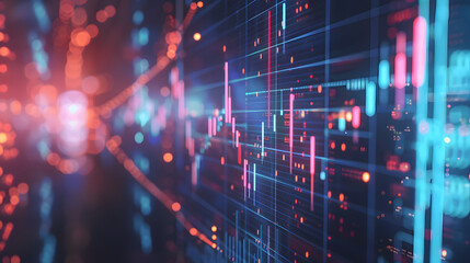 Fototapeta premium Data Visualization Elegance: Blue-Toned Charts with Technological Lines and Particles in a Mysterious FUI Environment.