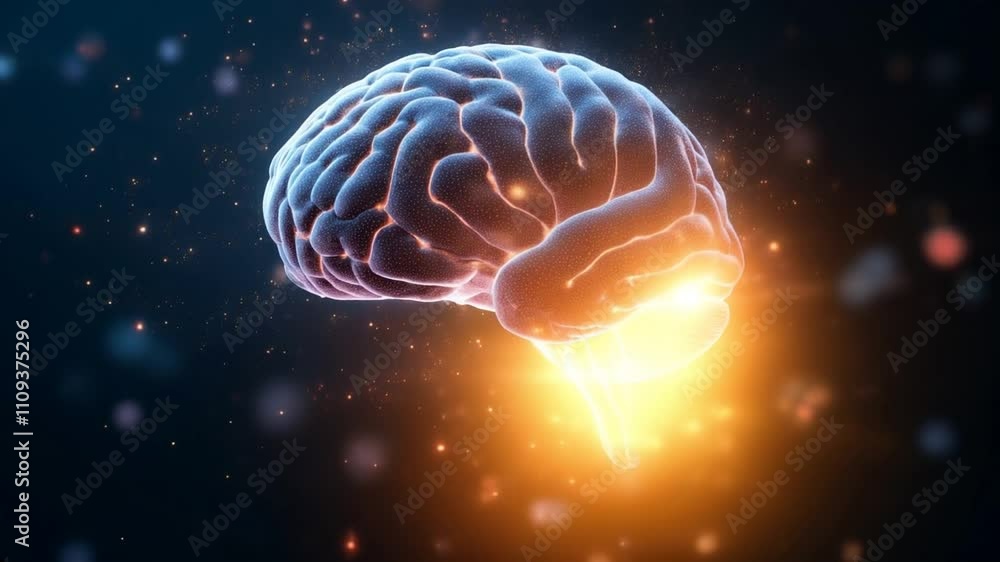 Poster animation of a glowing human brain with neural connections in a futuristic style.