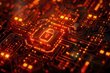 Obraz premium A digital circuit board with a glowing lock symbol, representing cybersecurity.
