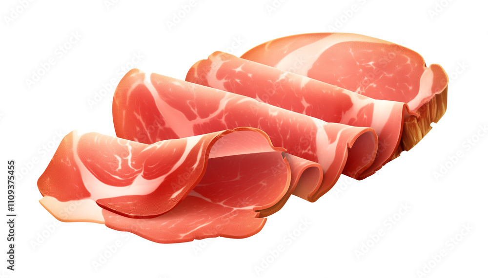 Poster slices of prosciutto arranged in visually appealing manner on white background, showcasing their del
